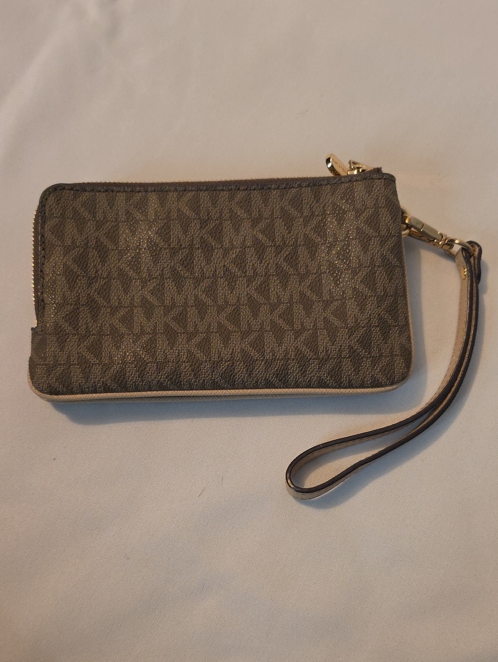 Michael Kors Taupe Logo Wristlet with Gold Hardware